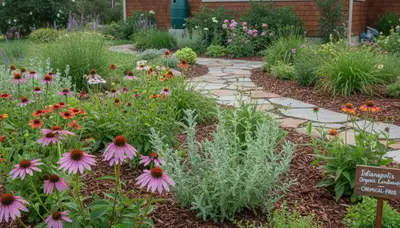 Organic landscape beds with native plants and natural mulch in sustainable Indianapolis, IN garden
