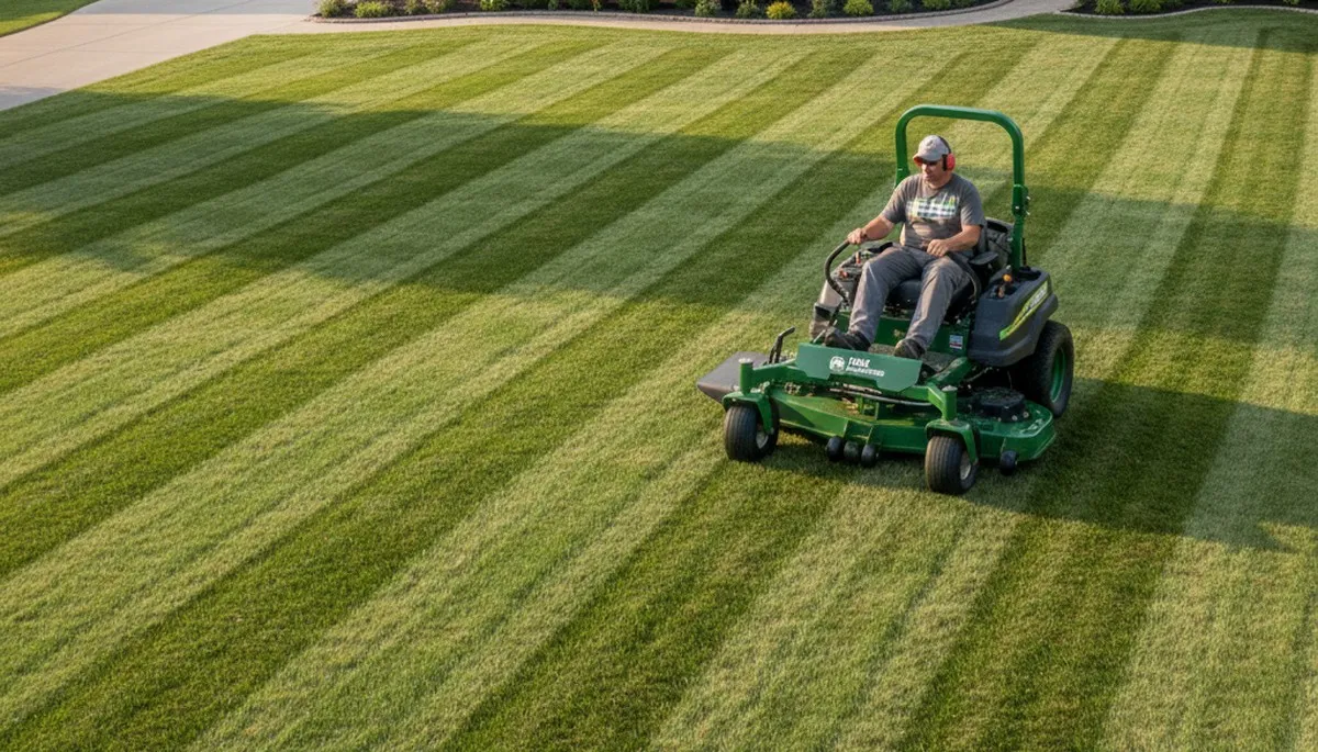 Commercial mower creating striped lawn patterns during professional mowing in Indianapolis, IN