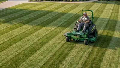 Commercial mower creating striped lawn patterns during professional mowing in Indianapolis, IN