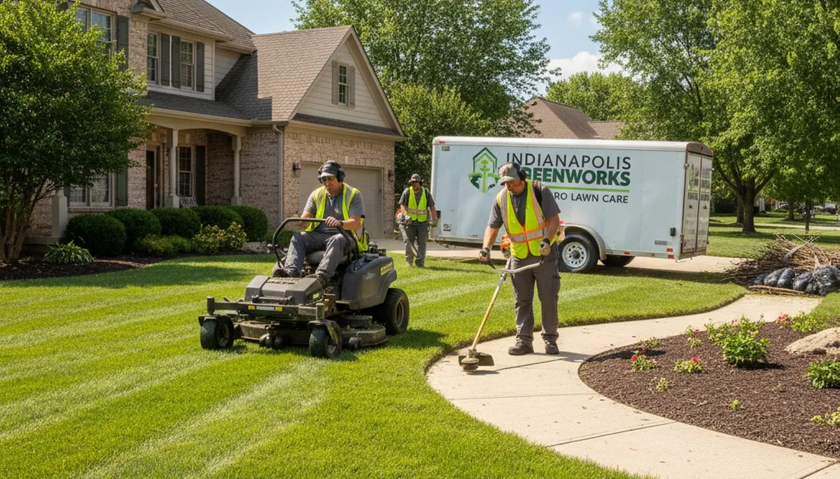 Professional lawn maintenance crew mowing and edging residential yard in Indianapolis, IN