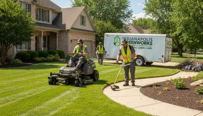 Professional lawn maintenance crew mowing and edging residential yard in Indianapolis, IN