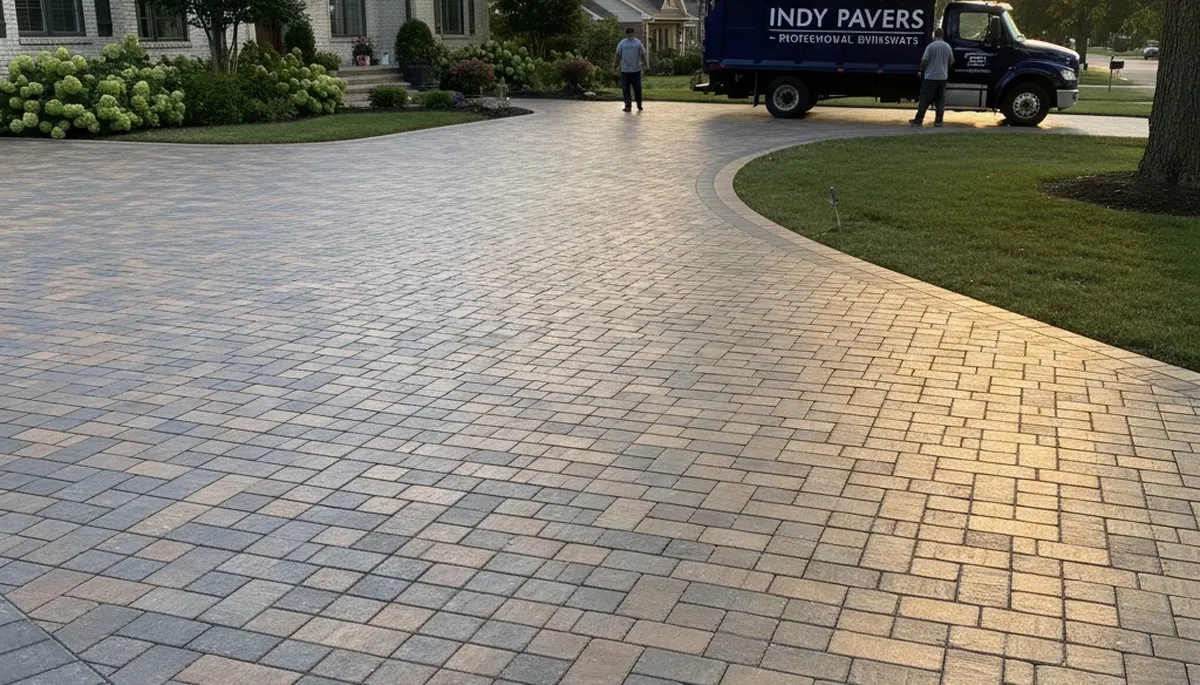 Completed interlocking paver driveway installation by landscaping experts in Indianapolis, IN