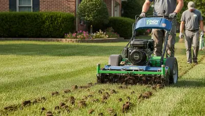 Professional core aeration machine treating lawn soil in Indianapolis, IN for healthy turf growth