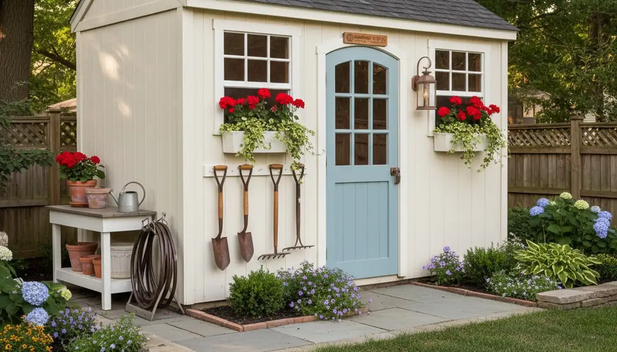 Decorative garden shed with window boxes and landscaping design in Indianapolis, IN backyard