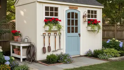 Decorative garden shed with window boxes and landscaping design in Indianapolis, IN backyard