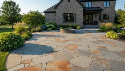 Flagstone patio with natural stone pavers installed by landscaping experts in Indianapolis, IN
