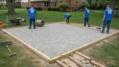 Professional shed foundation preparation with level gravel base in Indianapolis, IN landscaping project