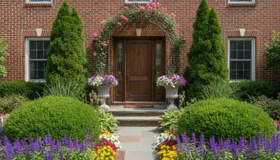 Professional front yard landscaping with colorful plants and curb appeal design in Indianapolis, IN