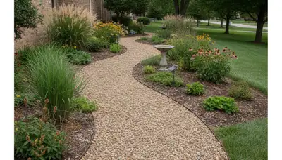 Pea gravel garden pathway with defined borders in Indianapolis, IN by Chop Chop Landscaping
