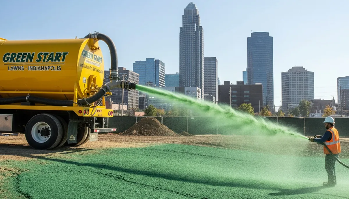 Hydroseeder truck spraying green lawn slurry during professional hydroseeding in Indianapolis, IN