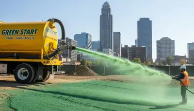Hydroseeder truck spraying green lawn slurry during professional hydroseeding in Indianapolis, IN