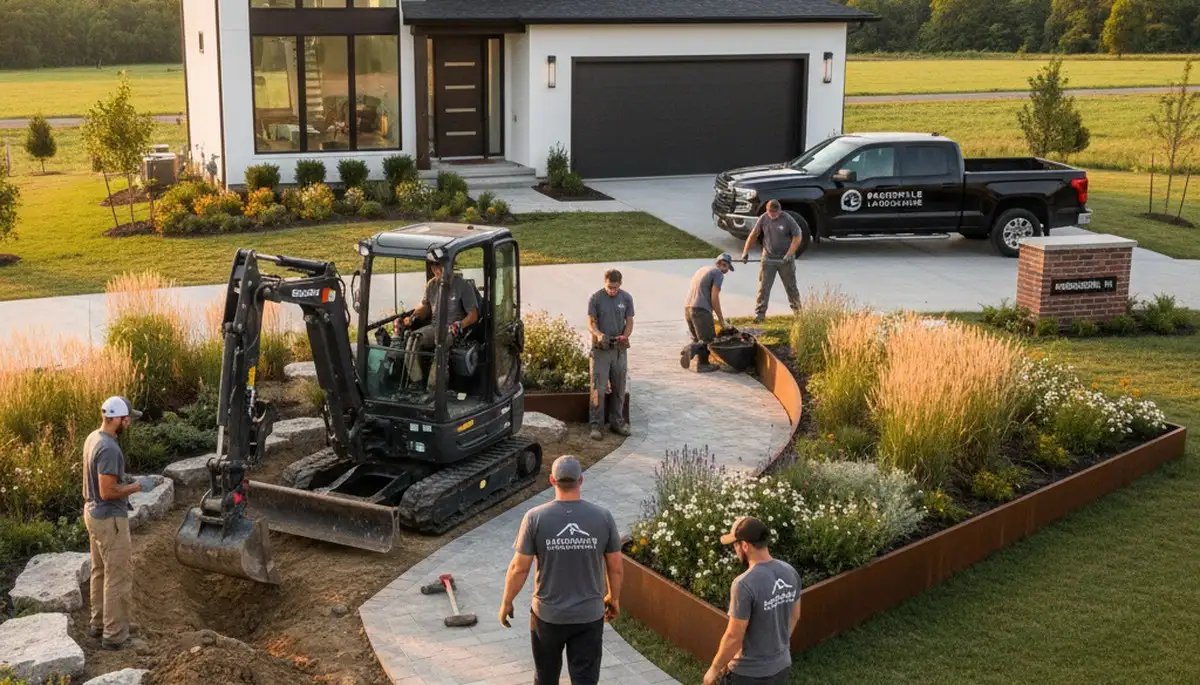 Landscaping crew designing a custom yard in Indianapolis, IN for residential landscape design