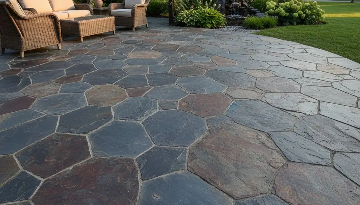 Modern large stone slab patio installation by professional landscapers in Indianapolis, IN