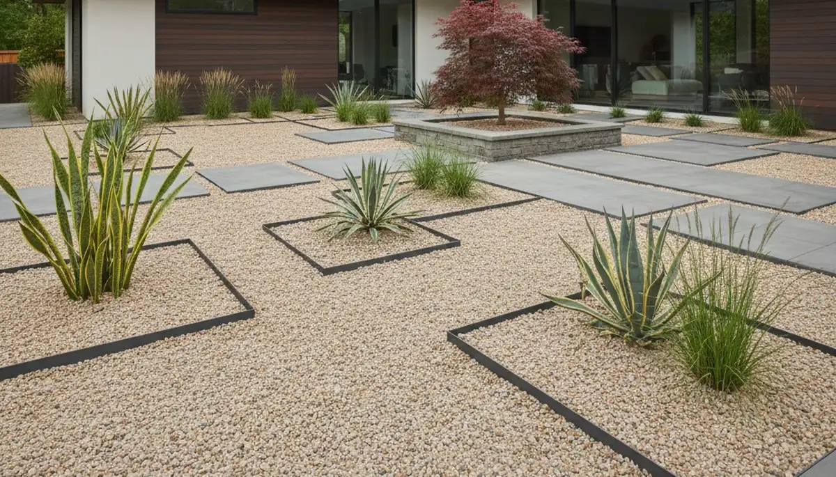 Modern minimalist pea gravel landscape design in Indianapolis IN by Chop Chop Landscaping