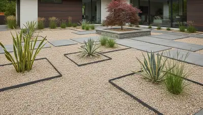 Modern minimalist pea gravel landscape design in Indianapolis IN by Chop Chop Landscaping