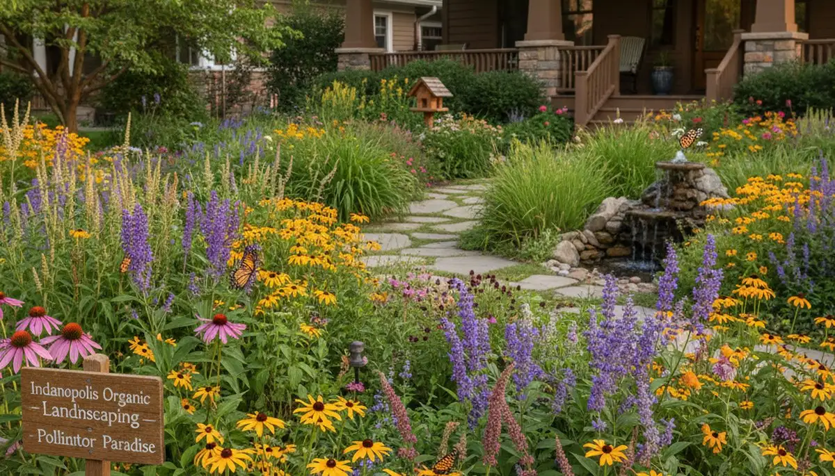 Native pollinator garden with bees and butterflies by organic landscapers in Indianapolis, IN