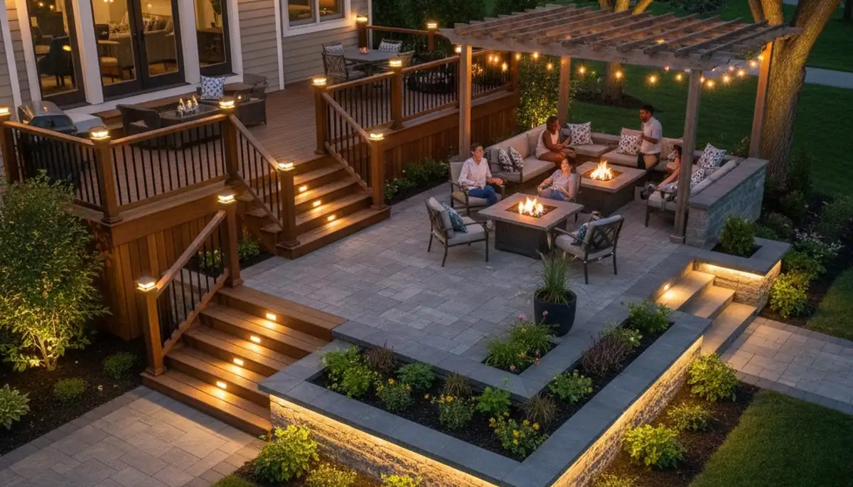 Outdoor living space with deck and step lighting by Chop Chop Landscaping in Indianapolis, IN
