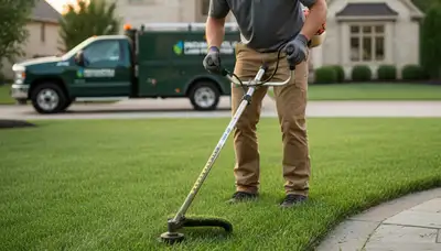 Lawn care expert edging grass borders with string trimmer in Indianapolis, IN for clean, professional finish