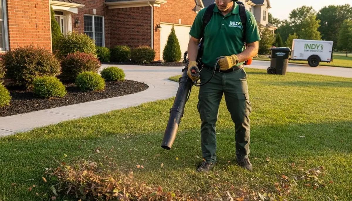 Lawn care technician using leaf blower for debris removal in Indianapolis, IN landscaping cleanup