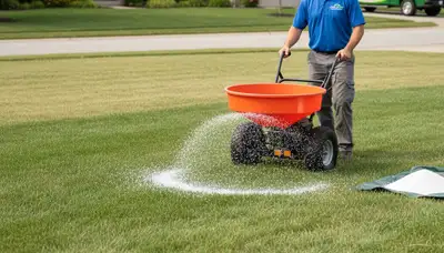 Lawn care technician spreading fertilizer with broadcast spreader in Indianapolis, IN yard
