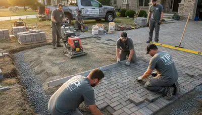 Professional crew installing driveway pavers in Indianapolis, IN with precise leveling and base preparation