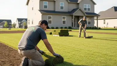 Professional landscaper installing sod rolls with precision in Indianapolis, IN for flawless lawn results