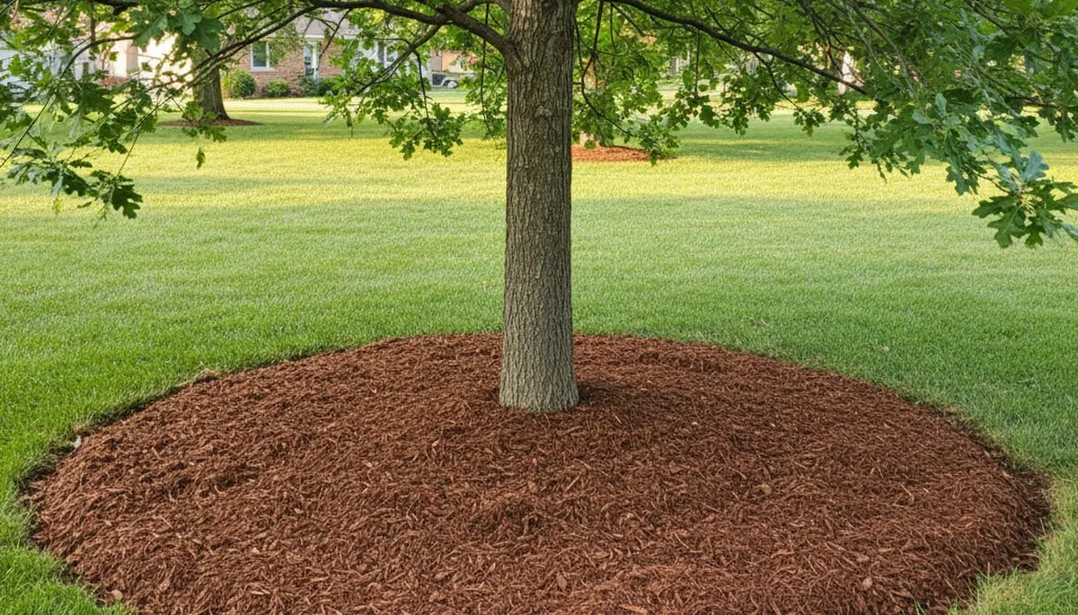 Professional tree ring mulching around tree base in Indianapolis, IN by Chop Chop Landscaping