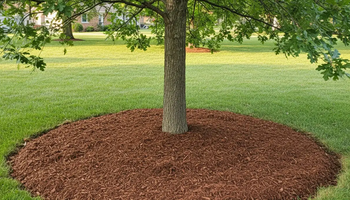 Professional tree ring mulching around tree base in Indianapolis, IN by Chop Chop Landscaping