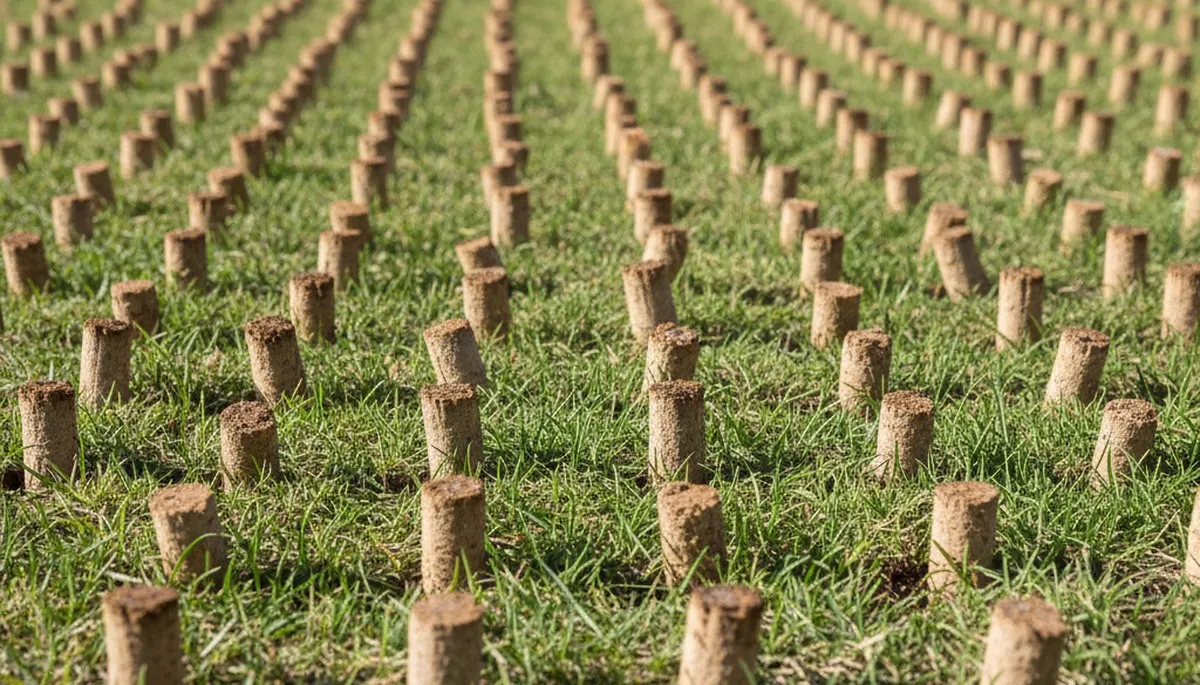 Close-up of lawn aeration soil core plugs on grass by Chop Chop Landscaping in Indianapolis, IN