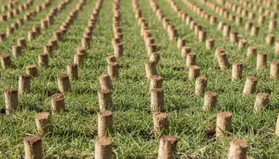 Close-up of lawn aeration soil core plugs on grass by Chop Chop Landscaping in Indianapolis, IN