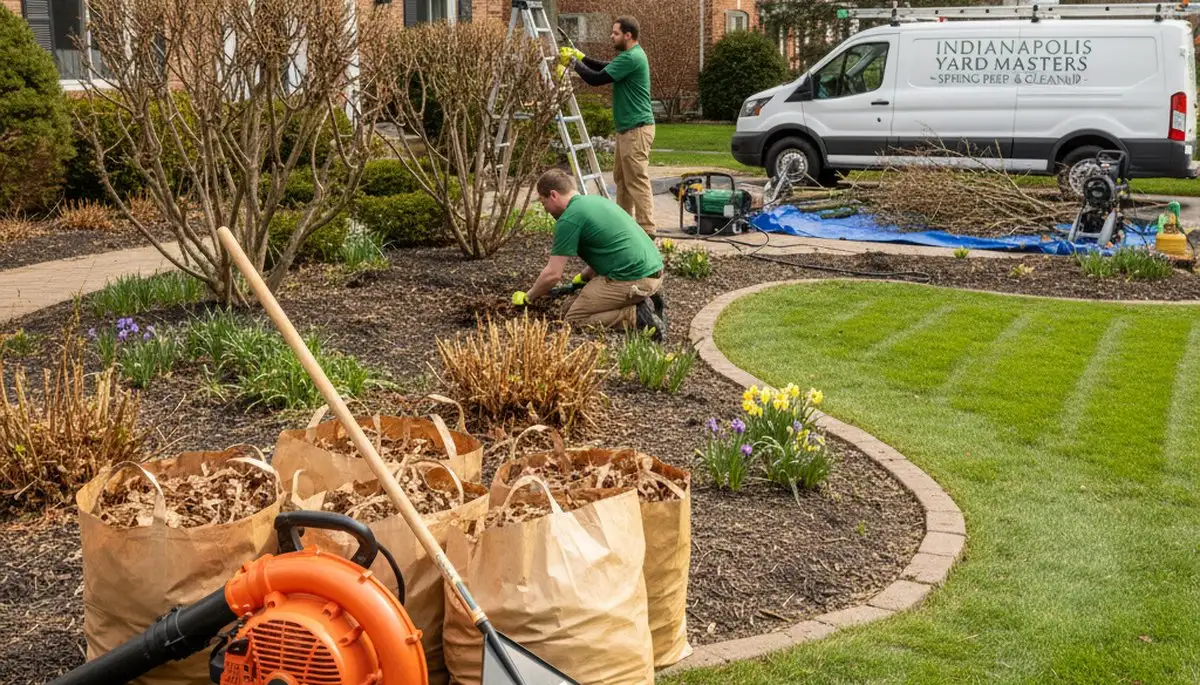 Technicians performing spring yard clean up in Indianapolis, IN, removing debris and pruning garden beds