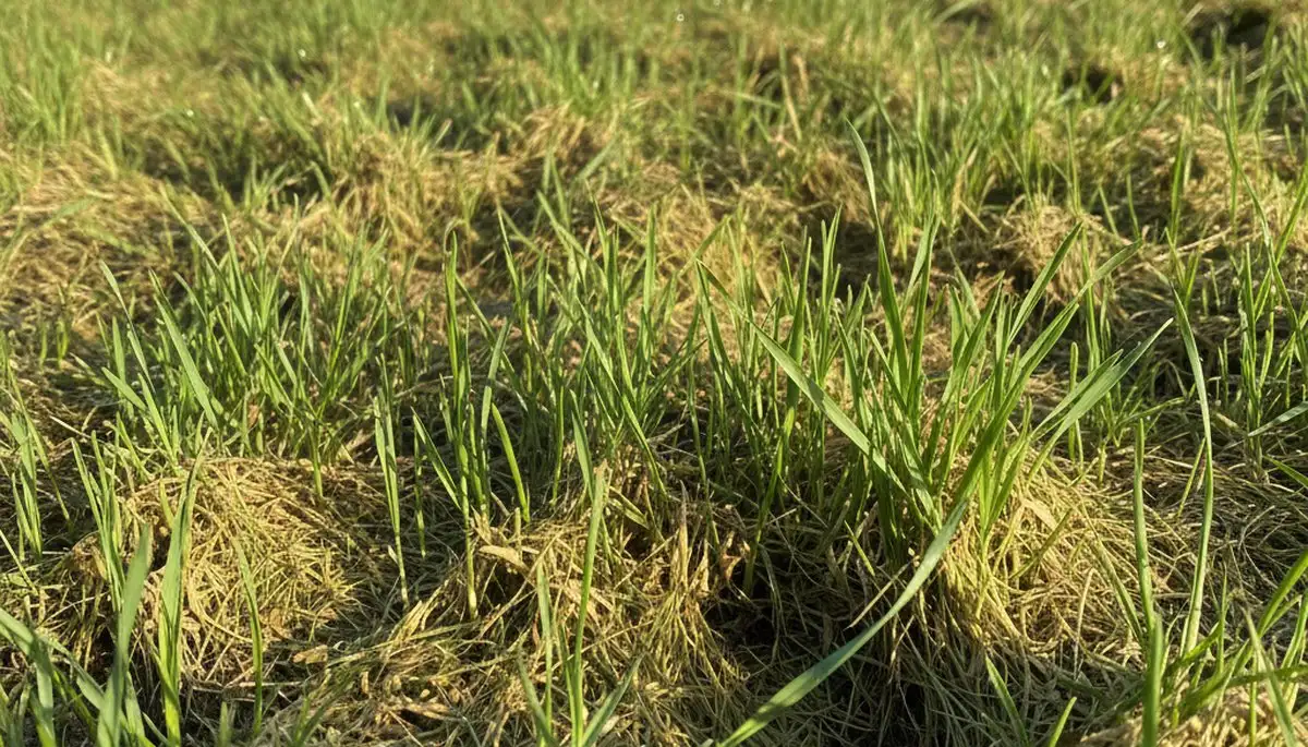 New grass sprouts from hydroseeding process on residential lawn in Indianapolis, IN