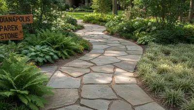 Stone paver pathway installation through landscaped garden by professionals in Indianapolis, IN