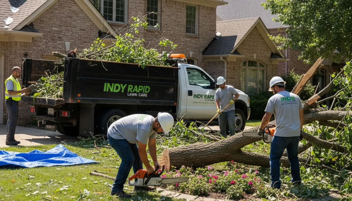 Storm debris cleanup crew clearing fallen branches in residential yard, Indianapolis IN landscaping service