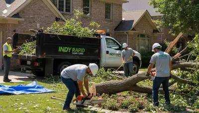 Storm debris cleanup crew clearing fallen branches in residential yard, Indianapolis IN landscaping service