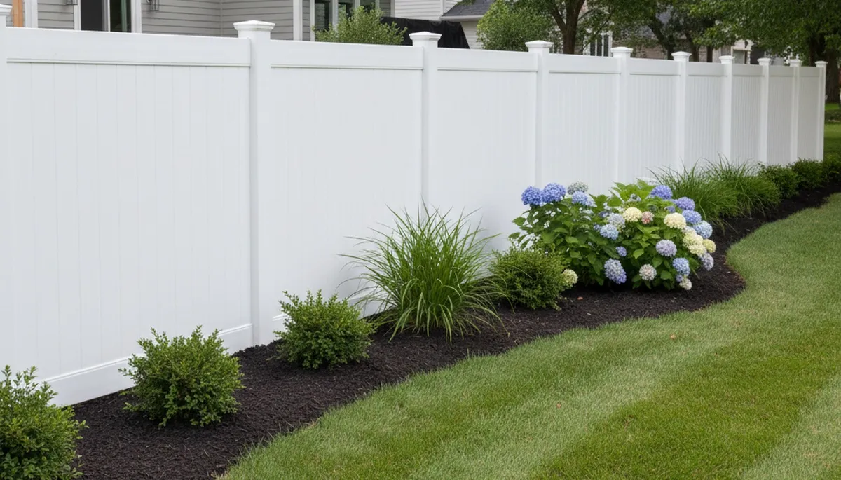 White wooden privacy fence installation with landscaped yard in Indianapolis, IN by Chop Chop Landscaping