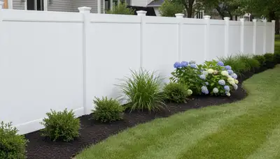 White wooden privacy fence installation with landscaped yard in Indianapolis, IN by Chop Chop Landscaping